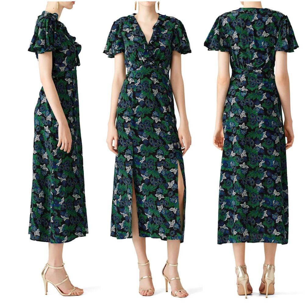Saloni Josee midi dress size 4 green blue print 100% silk D1